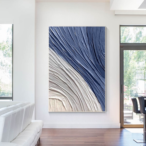 Minimalist Navy Blue Gray 3D Heavy Texture Wall Art, Nordic Modern Minimalist Art, Living Room Large Art Decor Abstract Painting On Canvas