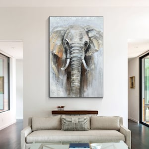 Pintura texturizada de elefante, arte mural de elefante, retrato de elefante sobre lienzo, arte mural extragrande, decoración impresionista de elefante.