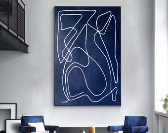 Bleu marine blanc original art minimaliste peinture sur toile, extra large énorme surdimensionné mur art salon minimaliste bleu marine décor mural