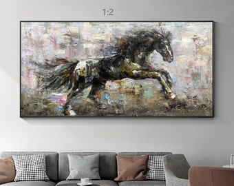 Black Horse Painting Texture Original Painting On Canvas, Horse Wall Art Horizontal Extra Large Frame Wall Art Decor, Horse Art Gift