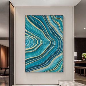 Teal Gold Line Abstract Pour Painting On Canvas, Original Painting, Vertical Extra Large Gold Wall Art, Livingroom Luxury Wall Art Decor