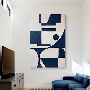 Navy Blue Beige Geometric Painting on Canvas, Extra Large Huge Vertical Wall Art Framed Livingroom Bedroom Minimalist Painting Home Decor