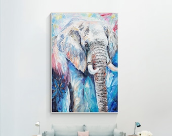 Textured Elephant Painting On Canvas: Large Colorful Wall Art