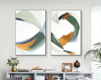 Sage Green Gold Minimalist Painting On Canvas Set of 2 Pieces Sage Green Painting Extra Large Livingroom Minimalist Decor Wall Art Framed