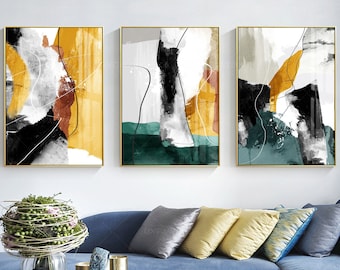 original set of 3 abstract handmade painting black white green yellow large wall art canvas painting livingroom wall art modern art decor