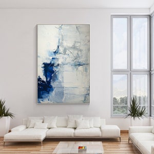Navy Blue Grey, Minimalist Abstract Painting on Canvas, Livingroom Huge Extra Large Modern Framed Wall Art Decor, Original Handmade Painting