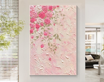 Original Pink Flowers Rose Painting, 3D Texture Flower Painting On Canvas, Extra Large Size Flowers Blooming Wall Art Cream Pink Flora Art