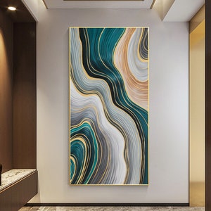 Original Teal gold turquoise wall art original painting on canvas Luxury Ribbon Wall Art extra large huge oversize living room wall decor