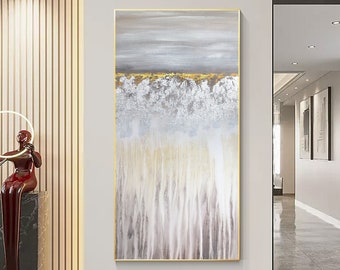 Gold Silver Abstract Painting On Canvas, Long Vertical Extra Large Framed Wall Art Decor, Wabi Sabi Wall Art Decor, Abstract Wall Art