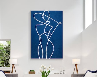 Blue Minimalist Stick Figure Painting: Large Vertical Canvas Art