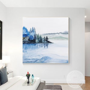 Abstract Lake Painting Square Watercolor Wall Art, Blue Watercolor Painting On Canvas, Bedroom Livingroom Wall Art Decor