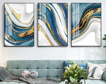 Set of 3 wall art Gold painting light blue wall art abstract wall art wall painting set abstract painting gold pour painting abstract decor