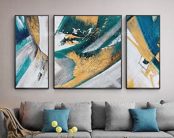 ゴールドウォールアート3点セット、抽象的なターコイズ絵画