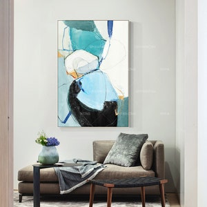 Abstract pale blue Painting On Canvas,teal blue painting,Extra Large modern Wall Pictures,Vertical framed painting mid-century wall decor