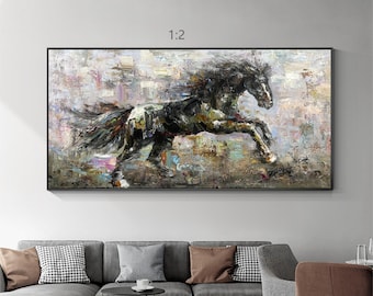 May include: Abstract painting of a black horse running through a field of colorful brushstrokes. The horse is painted in a realistic style, with a flowing mane and tail. The background is a mix of blues, greens, and purples, creating a sense of movement and energy.