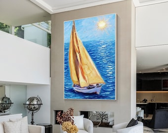Textured Sailboat Painting on Canvas: Blue Seascape Wall Art