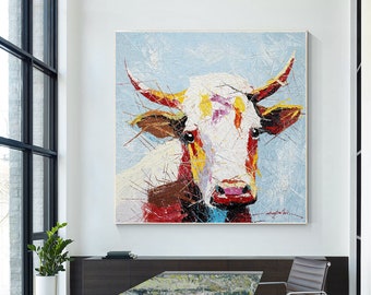 Colorful Cow Painting: Original Texture Art on Canvas, Framed