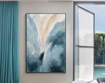 Light Blue Gold Abstract Painting: Textured Modern Framed Canvas Art
