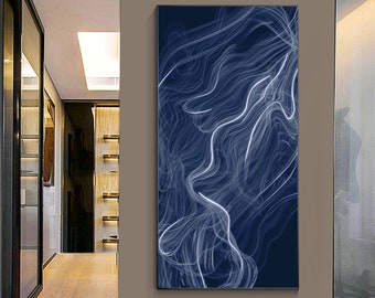 Peinture abstraite de brouillard blanc bleu foncé, peinture originale sur toile, décor d’art mural extra large, art mural bleu marine à la maison, art mural encadré