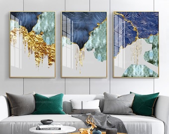 Printable wall art Framed wall art set of 3 print Geometric Gold art navy Blue Abstract Print on Canvas 3 pieces wall art wall print decor