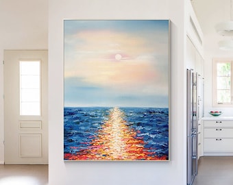 Original Sunrise Seascape Abstract Paintings On Canvas Palette knife Extra Large blue Ocean framed painting wall Decor cuadros abstractos