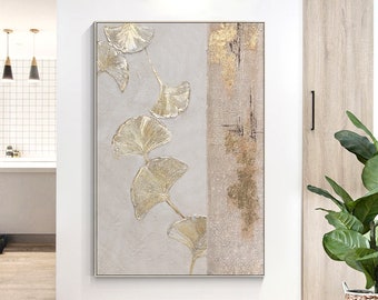 Ginkgo leaf painting on canvas, gold foil textured painting, abstract ginkgo frame wall art, living room wall art decor, Boho art yxpainting