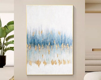 Gold Foil Blue Abstract Painting On Canvas, Extra Large Wall Art Living Room Decor, Gold Wall Art