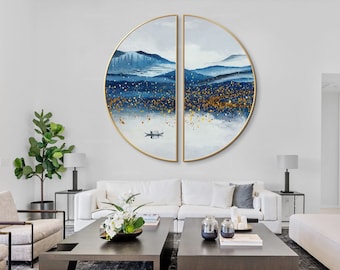 Watercolor Mountain Landscape Painting Set: Navy Blue & Gold Framed Wall Art