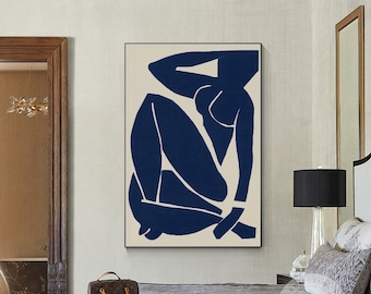 Navy Blue Figure Painting: Minimalist Abstract Canvas Wall Art