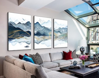 Mountain Painting Prints, Set of 3 Wall Art Prints, Abstract Gold Teal Mountain Landscape Print on Canvas Livingroom  3 Piece Wall Art Decor