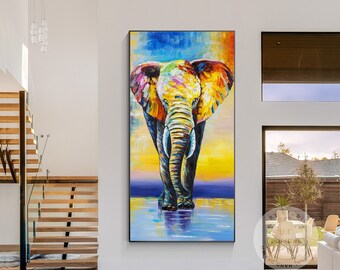 Colorful Elephant Painting: Palette Knife Acrylic Pop Art on Canvas