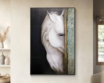 White Horse Painting: Textured Realism, Framed Canvas Wall Art