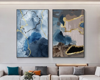 Gold Foil Blue Brown Set of 2, Original Abstract Painting on Canvas, 2 Pieces Framed Wall Art, Livingroom Huge Large Modern Wall Art Decor