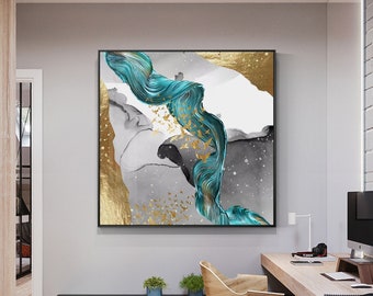 Smaragdgroen goudfolie lint abstract origineel schilderij op canvas, woonkamer moderne muurkunst, luxe kamer vierkante ingelijste muur kunst decor