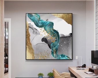 Emerald Green Gold Foil Ribbon Abstract Original Painting On Canvas, Livingroom Modern Wall Art, Luxury Room Square Framed Wall Art Decor