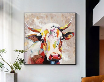 Colorful Cow Painting on Canvas, Palette Knife Heavy Textured Painting, Wabi Sabi Framed Square Wall POP Art, Farmhouse Cattle Artwork Gift