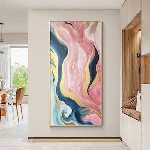 Pink Gold Abstract Ribbon Painting Original Painting On Canvas, Framed Vertical Wall Art, Home Extra Large Huge Oversized Wall Art Decor
