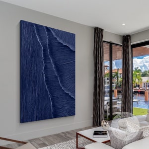 Navy Blue Heavy 3D Texture Ocean Wave Painting on Canvas, Extra Large Vertical Plaster Wall Art Framed Livingroom Minimalist Home Wall Decor