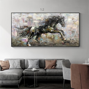 Textured Black Horse Painting: Extra Large Horizontal Framed Wall Art