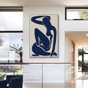 Navy Blue Figure Painting: Minimalist Abstract Canvas Wall Art