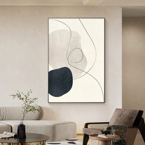 Pintura wabi sabi en negro y gris, pintura wabi sabi sobre lienzo, arte de pared wabi sabi vertical, decoración de pared con marco extragrande