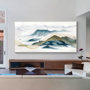Teal Gold Line Mountain Original Painting on Canvas, Oriental Landscape Painting Framed Wall Art, Natural Scenery Watercolor Mountain Art
