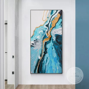Abstract Pour Painting Teal Green Blue Gold Original Painting on Canvas, Textured Wall Art, Long Narrow Vertical Wall Art Livingroom Decor