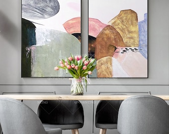 Framed Abstract Mountain Canvas Art: Gold & Pink Boho Decor Set