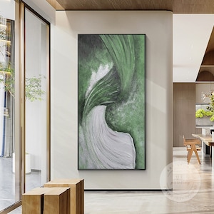 Sage Green Texture Wall Art Framed, Large Painting On Canvas, Long Vertical Livingroom Entryway Wall Art, Green White Abstract Painting