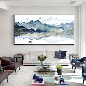 Framed Mountain Canvas Print: Oriental Watercolor Landscape Wall Art