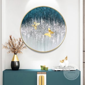 Arte murale con cornice rotonda astratta color verde acqua, con texture 3D a farfalla dorata e glitter