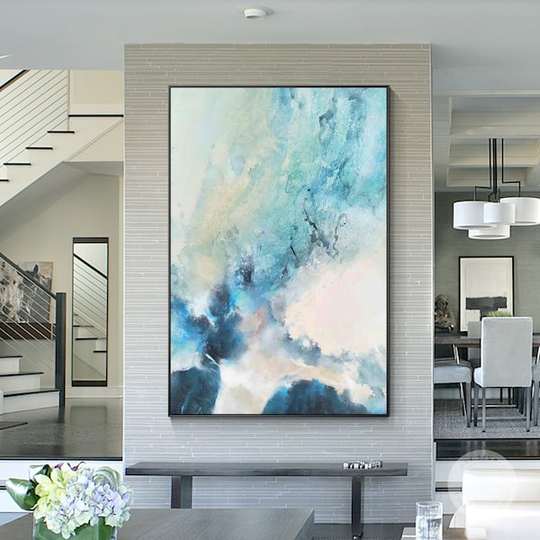 Teal Green Blue Abstract Painting on Canvas, Original Watercolor Painting, Vertical Extra Large Framed Wall Art, Livingroom Home Decor