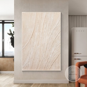 Cream Beige Minimalist Painting on Canvas, 3D Textured Cream Beige Vertical Wall Art, Warm Cream Tones Home Decor, Large Creamy Wall Art