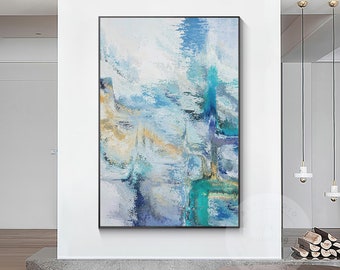 Teal Blue Abstract Painting: Textured Modern Framed Wall Art